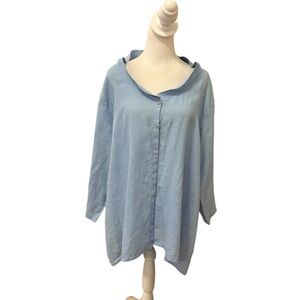 FLAX Light Blue Button Up Tunic Top 100 Percent Linen Women's Large Lagenlook